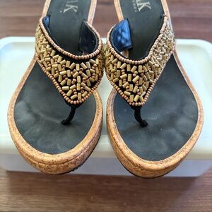 AK Anne Klein Beaded Cork Wedge Sandals Women’s Size 7